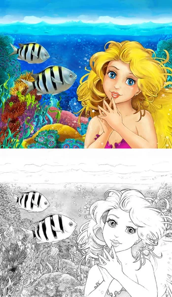 Мультяшная сцена с принцессой-русалкой, купающейся в подводном королевстве кораллового рифа рядом с некоторыми рыбами с эскизом - иллюстрация — стоковое фото