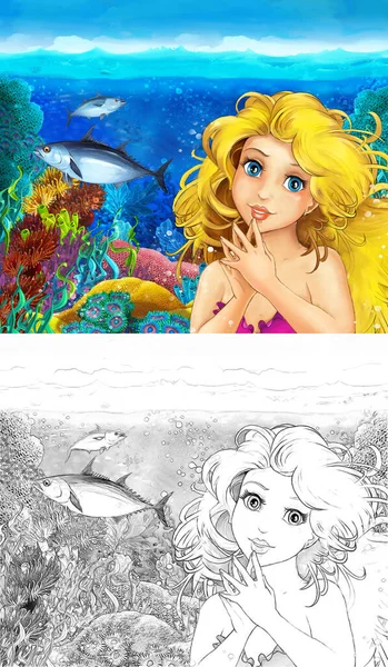 Escena de dibujos animados con princesa sirena nadando en el arrecife de coral reino submarino cerca de algunos peces con boceto - ilustración — Foto de Stock