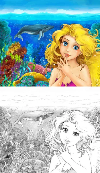 卡通片场景，美人鱼公主在水下王国珊瑚礁中游泳，靠近一些鱼，附有草图说明 — 图库照片