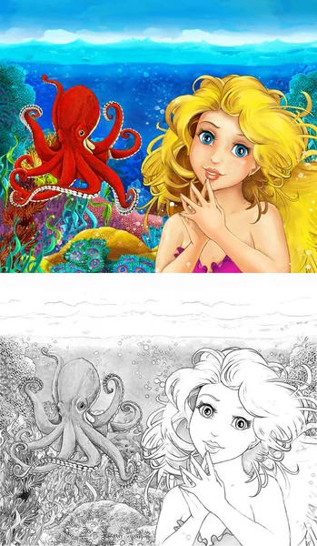 Scenă de desene animate cu sirenă prințesă înot în regatul subacvatic recif de corali lângă niște pești cu schiță ilustrație — Fotografie, imagine de stoc