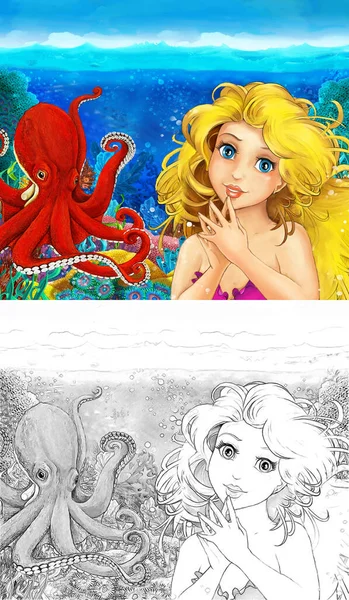 Cena dos desenhos animados com sereia princesa nadando no recife de coral do reino subaquático perto de alguns peixes com esboço ilustração — Fotografia de Stock
