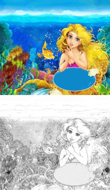Denizkızı ile karikatür sahnesi. Sualtı krallığı mercan resifinde yüzüyor. Resimli bazı balıkların yanında.