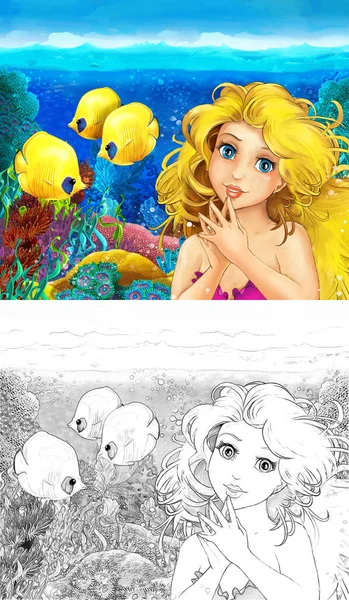 いくつかの魚の近くの水中王国のサンゴ礁で人魚姫が泳いでいる漫画シーン-イラスト- — ストック写真