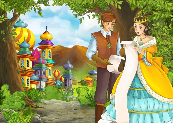 与王子和公主共建美丽城堡的卡通自然场景 — 图库照片