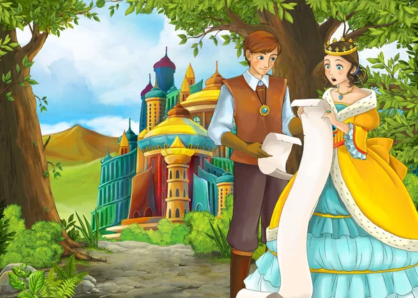Cartoon natuur scène met mooi kasteel met prins en prinses — Stockfoto