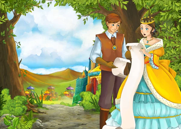 Dessin animé scène de nature avec beau château avec prince et princesse — Photo