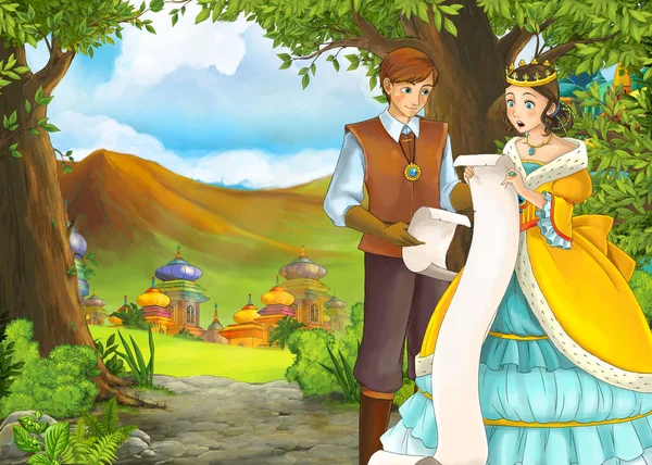 Dessin animé scène de nature avec beau château avec prince et princesse — Photo