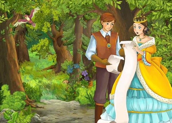 Cartoon-Sommerszene mit Wiese im Wald mit Prinz und Prinzessin — Stockfoto