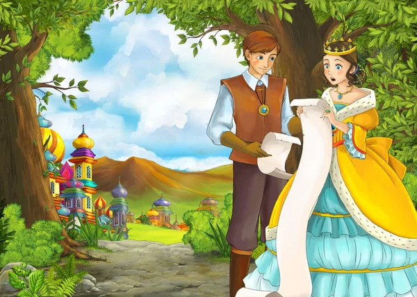 Dessin animé scène de nature avec beau château avec prince et princesse — Photo