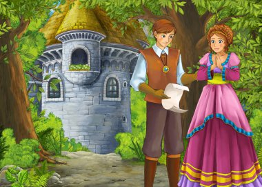 Prince ve Princ ile güzel kaleli karikatür doğa sahnesi