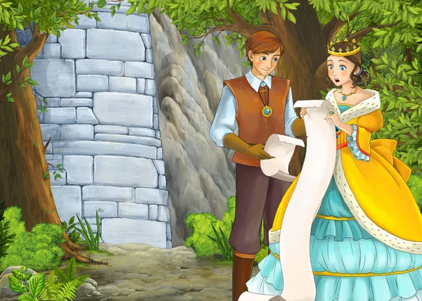 Scena di natura dei cartoni animati con bellissimo castello con principe e principessa — Foto Stock