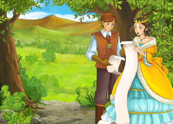 Dessin animé scène d'été avec prairie dans la forêt avec prince et princesse — Photo