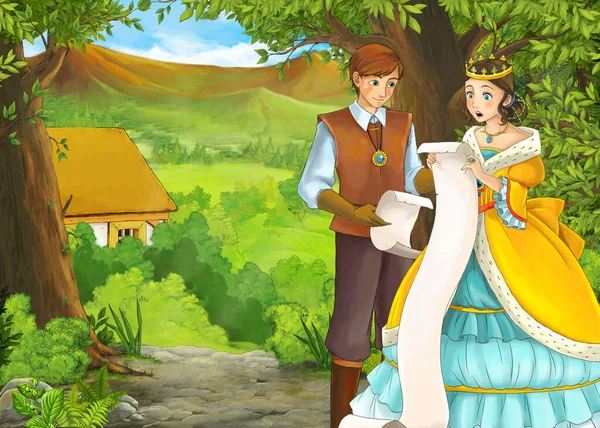 Cartoon-Sommerszene mit Pfad zum Bauerndorf mit Prinz und Prinzessin — Stockfoto