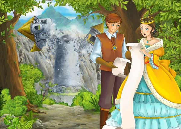 与王子和公主共建美丽城堡的卡通自然场景 — 图库照片