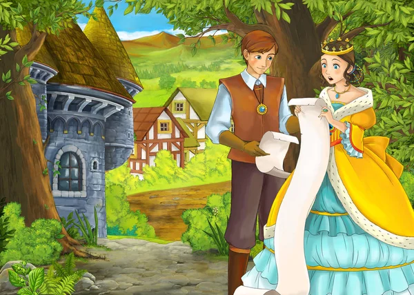 Dessin animé scène d'été avec chemin vers le village agricole avec prince et princesse — Photo