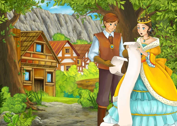 Escena de verano de dibujos animados con camino a la aldea de la granja con príncipe y princesa — Foto de Stock