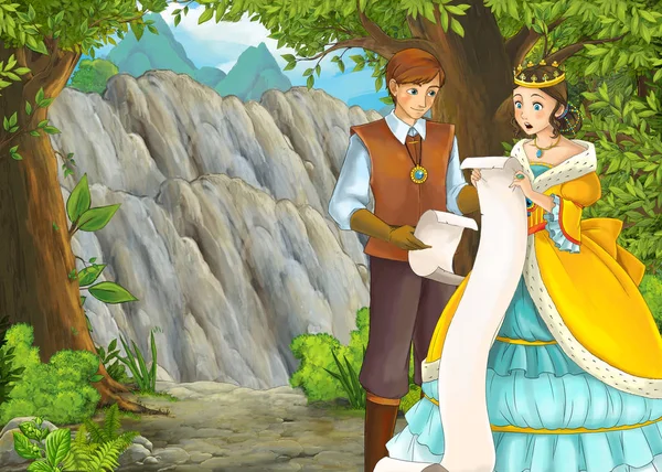 Scena dei cartoni animati con montagne valle vicino alla foresta con principe e principessa — Foto Stock