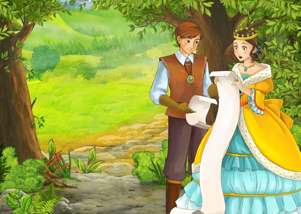 Καρτούν καλοκαιρινή σκηνή με λιβάδι στο δάσος με πρίγκιπα και πριγκίπισσα — Φωτογραφία Αρχείου
