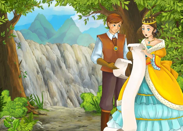 Tecknad scen med berg dal nära skogen med prins och prinsessa — Stockfoto