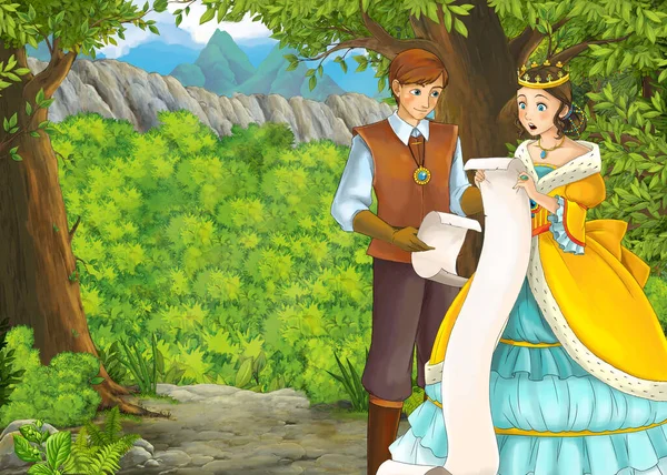 Dessin animé scène d'été avec prairie dans la forêt avec prince et princesse — Photo