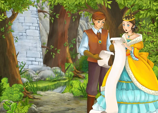 Dessin animé scène de nature avec beau château avec prince et princesse — Photo