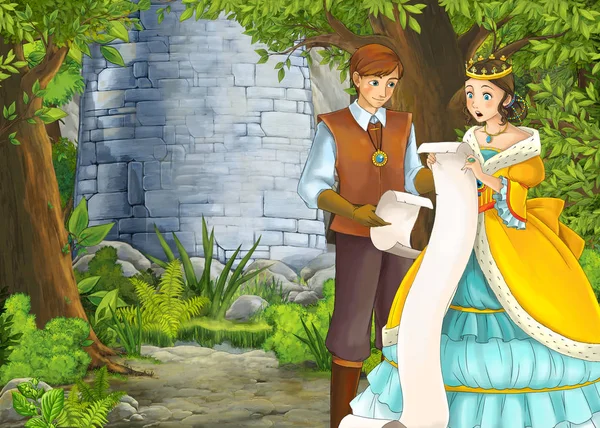 Cartoon příroda scéna s krásným zámkem s princem a princeznou — Stock fotografie