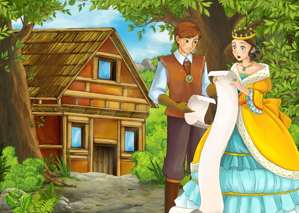 与王子、王子和公主一起走乡村小路的卡通片夏季场景 — 图库照片