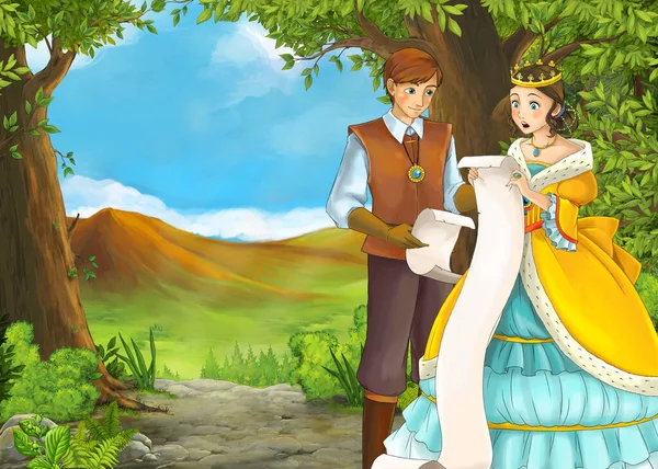 Dessin animé scène d'été avec prairie vallée avec prince et princesse — Photo