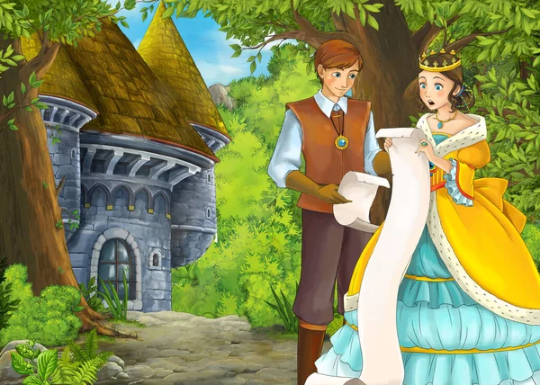 Dessin animé scène de nature avec beau château avec prince et princesse — Photo