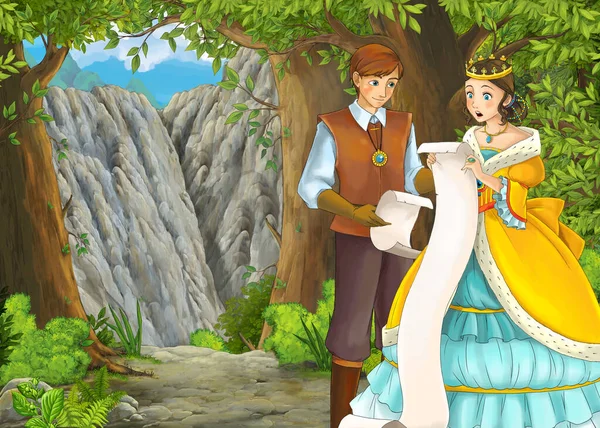 Dessin animé scène d'été avec prairie dans la forêt avec prince et princesse — Photo