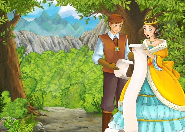 Dessin animé scène d'été avec prairie dans la forêt avec prince et princesse — Photo