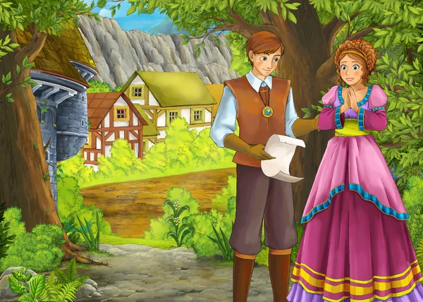 Cartoon zomer scene met pad naar de boerderij dorp met prins een — Stockfoto