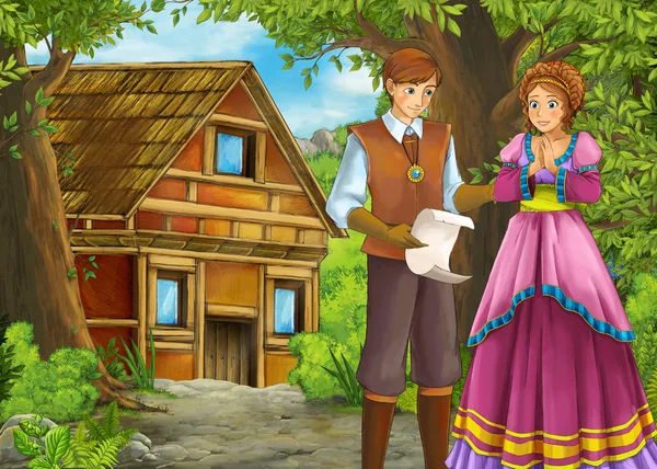 Cena de verão dos desenhos animados com caminho para a aldeia da fazenda com príncipe a — Fotografia de Stock
