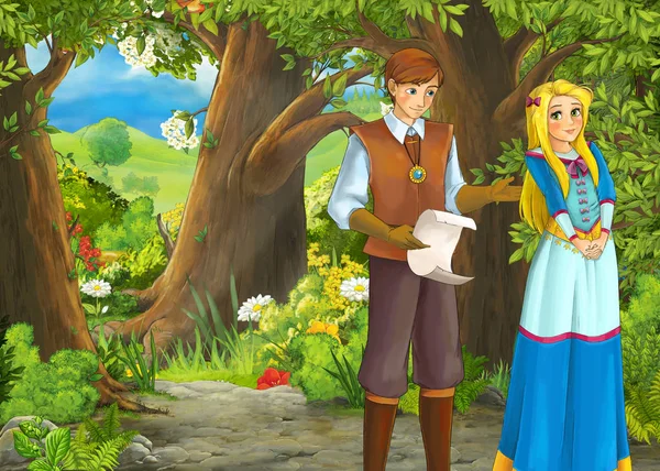 Kreslené letní scéna s loukou v lese s princem a p — Stock fotografie