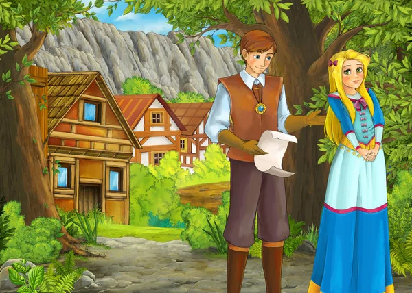 Мультфильм летняя сцена с дорогой в фермерскую деревню с принцем — стоковое фото