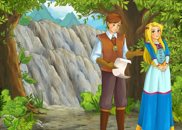 Cartoon scene met bergen vallei in de buurt van het bos met prins — Stockfoto