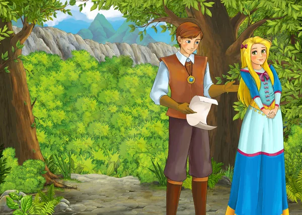 Cartoon zomer scene met weide in het bos met prins en p — Stockfoto