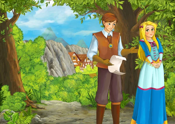 Мультфильм летняя сцена с дорогой в фермерскую деревню с принцем — стоковое фото
