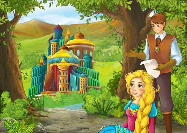 Dibujos animados escena de la naturaleza con hermoso castillo con príncipe y principe — Foto de Stock