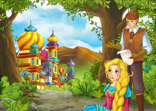 Cartoon nature scene with beautiful castle with prince and princ — 스톡 사진