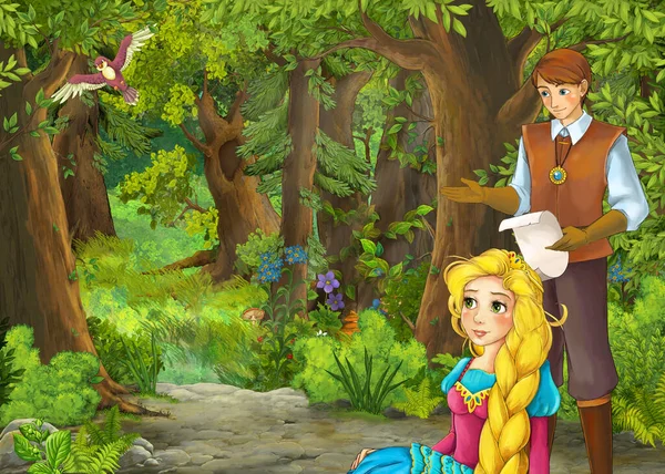 Cartoon summer scene with meadow in the forest with prince and p — 스톡 사진