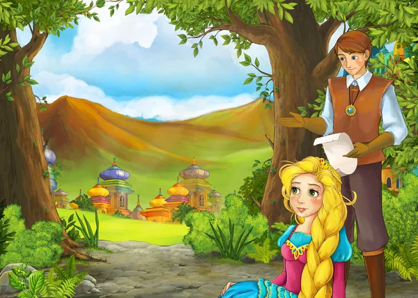 Σκηνή Cartoon φύση με όμορφο κάστρο με πρίγκιπα και princ — Φωτογραφία Αρχείου