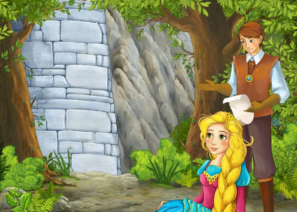 Dibujos animados escena de la naturaleza con hermoso castillo con príncipe y principe —  Fotos de Stock