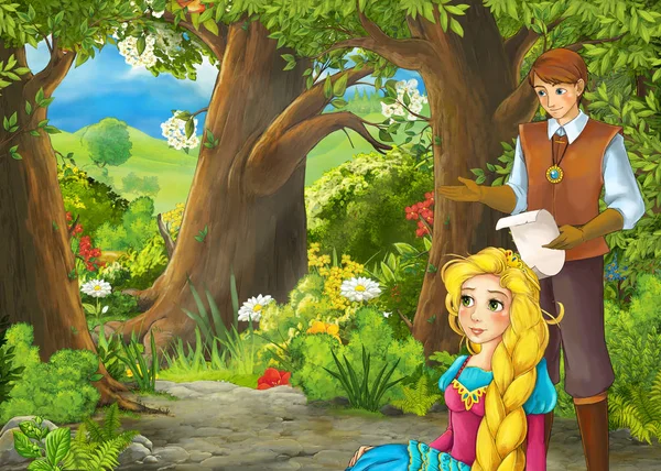 Prens ve p ile ormanda çayır ile çizgi film sahnesi — Stok fotoğraf