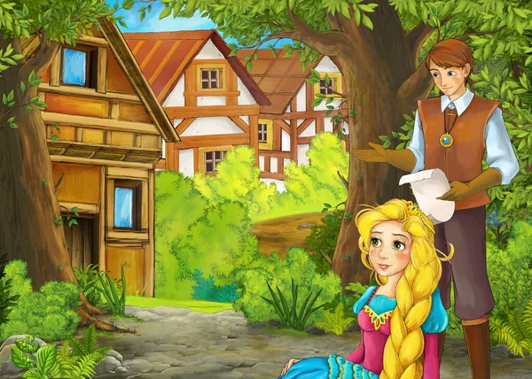 Cartoon summer scene with path to the farm village with prince a — Stock Photo, Image