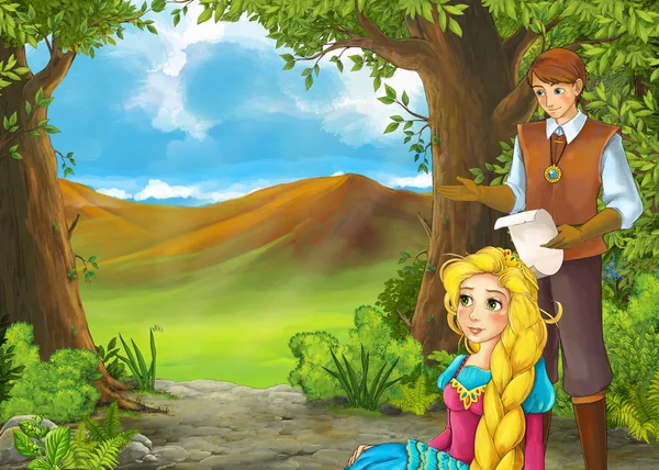 Escena de verano de dibujos animados con prado en el bosque con el príncipe y p —  Fotos de Stock