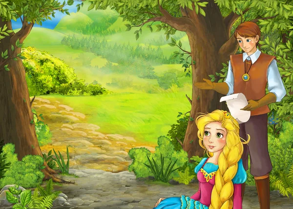 Rajzfilm nyári jelenet rét az erdőben a herceg és a p — Stock Fotó