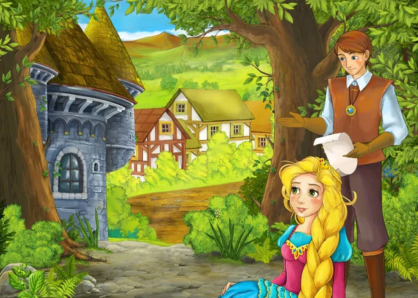 Cartoon summer scene with path to the farm village with prince a — 스톡 사진