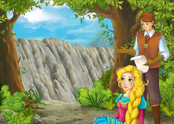 Cartoon scene with mountains valley near the forest with prince — 스톡 사진