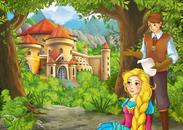 Cartoon nature scene with beautiful castle with prince and princ — 스톡 사진